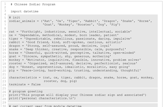Partial Code for Chinese Zodiac Program