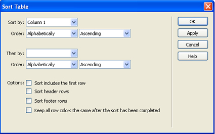 Sort Table dialog box