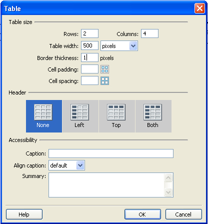Table dialogue box