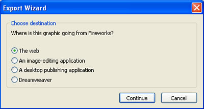 Second step of the Export Wizard