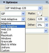 Indexed palette pop-up menu