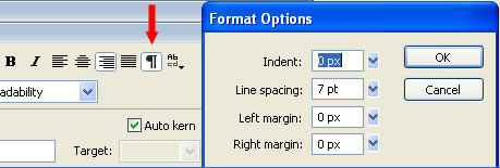 Edit Format Options button on the Property Inspector