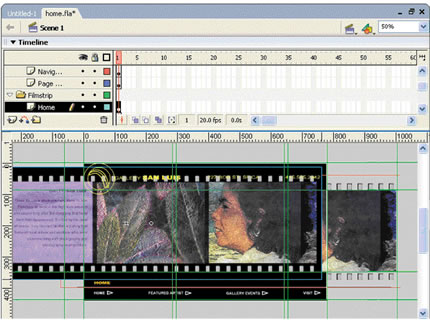 Movie clip symbol in frame 1 of the Home layer