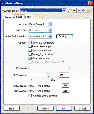 Flash publish settings