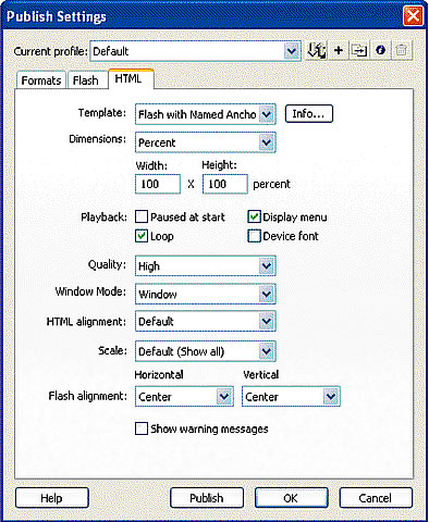HTML publishing settings